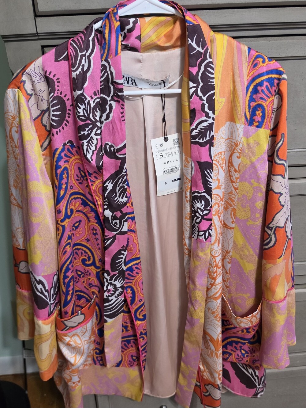ZARA Pink Orange Paisley-Print Open Front Blazer
